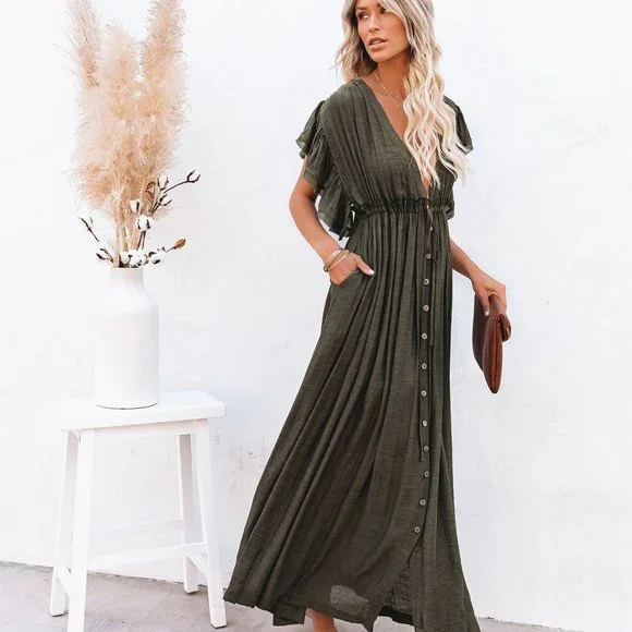 New Bohemian Long Olive Gauze Maxi Summer Dress - Picture 7 of 11